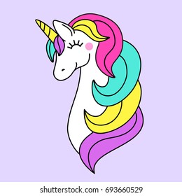 Cute childish cartoon character as magic rainbow hair unicorn