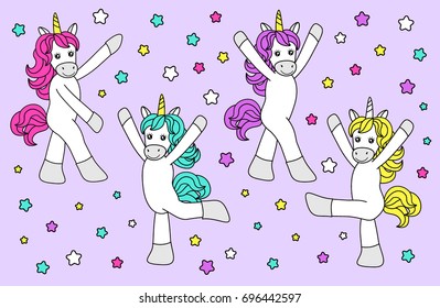Cute childish cartoon characters as magic rainbow hair unicorn