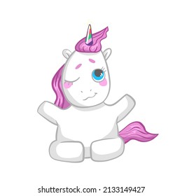 Cute childish cartoon illustration with a funny unicorn. Meditating white unicorn with pink mane and rainbow horn, children's illustration. For girls 