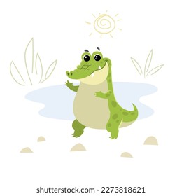 Cute childish cartoon little african crocodile. Simple  prechool design template. Best for cloth print and party designs. Vector illustration.