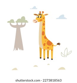 Cute childish cartoon little giraffe in the savannah. Simple  prechool design template. Best for cloth print and party designs. Vector illustration.