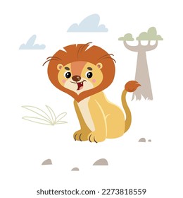 Cute childish cartoon little lion sitting. Simple prechool design template. Best for cloth print and party designs. Vector illustration.