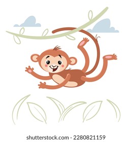 Cute childish cartoon little monkey jumping in jungle. Simple  toddler design template. Best for cloth print and party designs. Vector illustration.