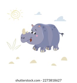 Cute childish cartoon little rhino walking in the savannah. Simple  toddler design template. Best for cloth print and party designs. Vector illustration.
