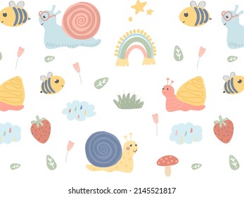 Cute childish cartoon pattern. Pattern with snails. Illustration for baby dough, fabric, background.

