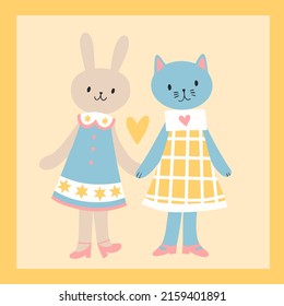 Cute childish cat and hare. Cartoon flat vector illustration.