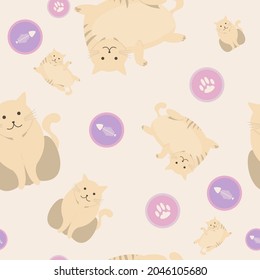 un lindo patrón de gato infantil sin costura en el fondo de color pastel comprende hueso de pescado y pezuña en el tazón. este diseño se usa para papel de pared de bebé, tela, papel de cubierta, decoración de impresión.vector de textura de arte animal.