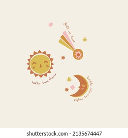 Cute childish celestial smiling sun sleeping moon fallen star vector illustration set. Boho baby day and night sky print collection with text for kids fashion and nursery decor.