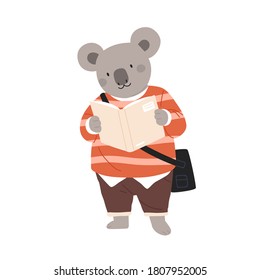 Cute childish character or koala cub student reading book. Smart animal pupil in clothes stand with schoolbag. Flat vector cartoon illustration of funny animal isolated on white