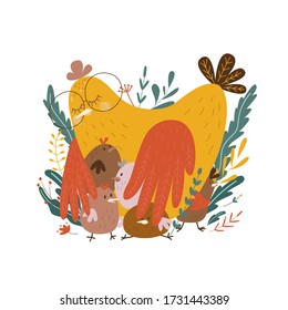 cute childish character for printing on a poster, children's room interior design. Mom chicken and her children chickens in nature with plants and flowers. Vector graphics