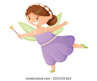 Cute childish character Tooth Fairy with wings. Cartoon vector isolated girl princess with magic wand.