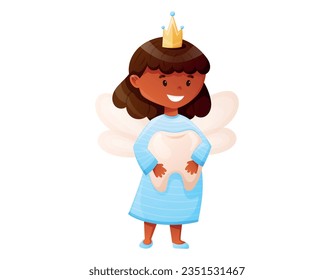 Cute childish character Tooth Fairy with wings. Cartoon vector isolated girl princess with golden crown.