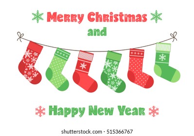 Cute childish Christmas and New Year banner with socks bunting for your decoration