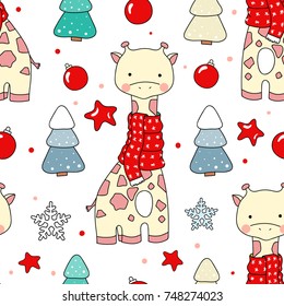 Cute childish Christmas seamless pattern with giraffe in red winter scarf, christmas tree decorations, snowflakes and dots. 