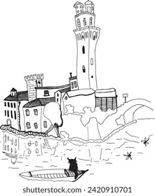 Cute childish city sketch of Padua, Italy, la torre della Specola