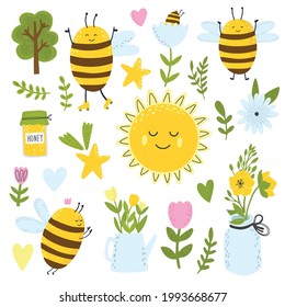 Cute childish clipart. Bees, flowers, leaves, honey, wood, pink tulip.