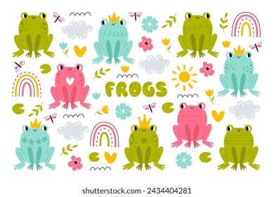 Cute childish colorful hand drawn frogs with crown surrounded rainbows, dragonflies and flowers natural elements vector illustration. Funny amphibian animal fairytale cartoon characters living in pond