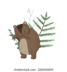 cute childish composition with forest animal and leaves, plants, design and print