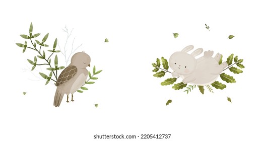 cute childish composition with forest animal and leaves, plants, design and print