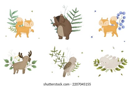 composición infantil linda con animales y hojas forestales, plantas, diseño e impresión