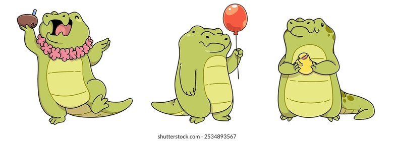 Cute childish crocodile cartoon character. Funny vector green alligator mascot standing with red balloon, holding yellow bath toy duck, happy dancing with Hawaiian flower necklace and coconut cocktail