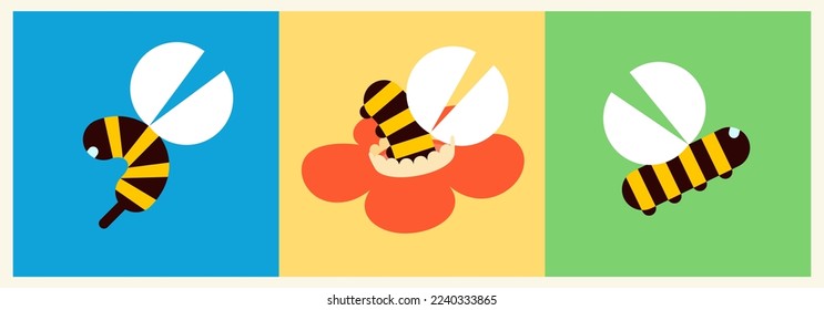 Cute childish design of bees. Minimalistic and primitive graphics in modern brutalist style. Cartoon design elements in 2000s retro style. Vector postcard