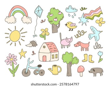 Cute childish design elements, summer vacation time at suburb colorful hand drawn doodles set. Scribble joyful kids summertime recreation, leisure activity and fun collection vector illustration