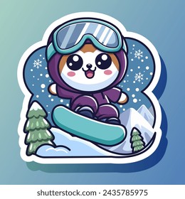 Cute childish designed sticker with snowboarding dog in full sport equipment. Snowfall in mountain landscape. Cartoon art character. Isolated on blue background. Vector illustration