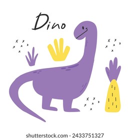 Cute childish dino print in flat scandinavian style. Poster with dino and lettering. Vector illustration..