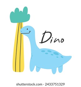 Cute childish dino print in flat scandinavian style. Poster with dino and lettering. Vector illustration..