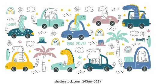 Cute childish dinosaur drivers cartoon characters racing at steering wheel of automobile vector illustration set. Funny happy baby monsters enjoying road trip journey, vacation adventure doodle mascot