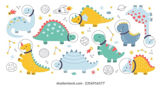 Cute childish dinosaurs astronauts in helmet among space bodies, stars and plants vector illustration. Funny jurassic monster creature, dragons and prehistoric reptiles doodle colorful characters