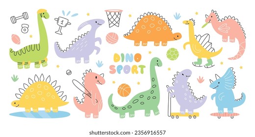 Cute childish dinosaurs cartoon animal creature character playing sport hand drawn doodle set. Funny bay dino enjoying skateboarding. skating, basketball, tennis and football game vector illustration