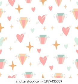 cute childish doodle pattern. seamless minimalistic pattern for kids. crystals and hearts