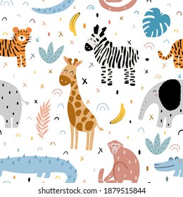 Cuidado patrón infantil sin fisuras con animales salvajes africanos: cebra, elefante, mono, tigre, cocodrilo, jirafa con elementos abstractos en el fondo. Ilustración vectorial escandinava dibujada a mano.