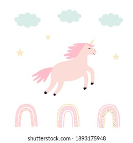 Cute childish Doodle a unicorn, a rainbow and clouds. A set for a design or card.