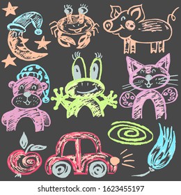 Cute childish drawing. Pastel chalk or pencil funny doodle style