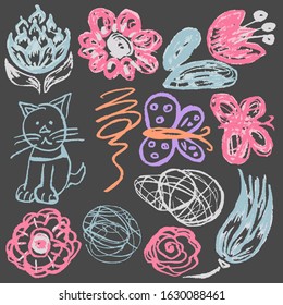 Cute childish drawing. Pastel chalk or pencil funny doodle style