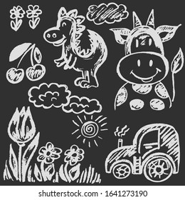 Cute childish drawing. Pastel chalk or pencil funny doodle style