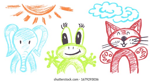 Cute childish drawing. Pastel chalk or pencil funny doodle style