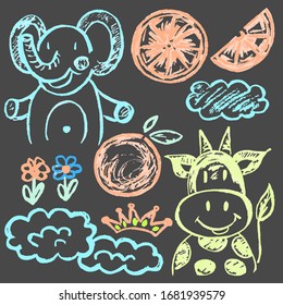 Cute childish drawing. Pastel chalk or pencil funny doodle style