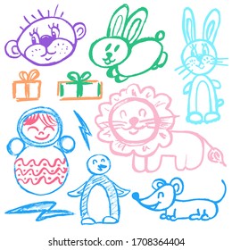 Cute childish drawing. Pastel chalk or pencil funny doodle style