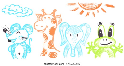 Cute childish drawing. Pastel chalk or pencil funny doodle style