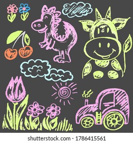 Cute childish drawing. Pastel chalk or pencil funny doodle style