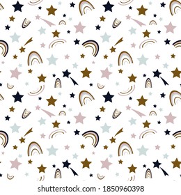 
Cute childish drawing, starry sky. Comets and stars. Seamless pattern for fabrics, packaging, wallpapers