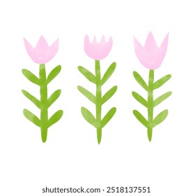 Estilo de desenho infantil bonito imprimir com flores tulipa rosa pastel. Simples mão infantil desenhada arte rosa flores e folhas em um fundo branco. Arte Floral Abstrata. Decoração De Quarto De Crianças. RGB