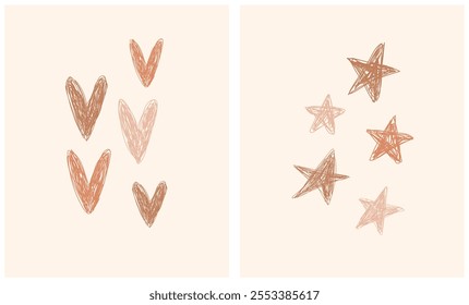 Cute Childish Drawing-like Vector Illustration with Stars and Hearts. Lovely Nursery Art with Brown Hand Drawn Hearts and Stars Isolated on a Light Beige Background. Funny Infantile Style Print. RGB.