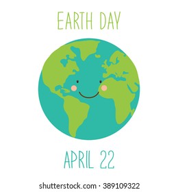 Cute childish Earth Day background with funny smiling cartoon character of planet Earth