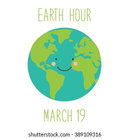 Cute childish Earth Hour background with funny smiling cartoon character of planet Earth