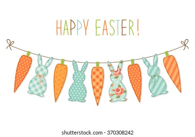 Cute childish Easter bunting with bunnies and carrots and hand written text Happy Easter for your decoration